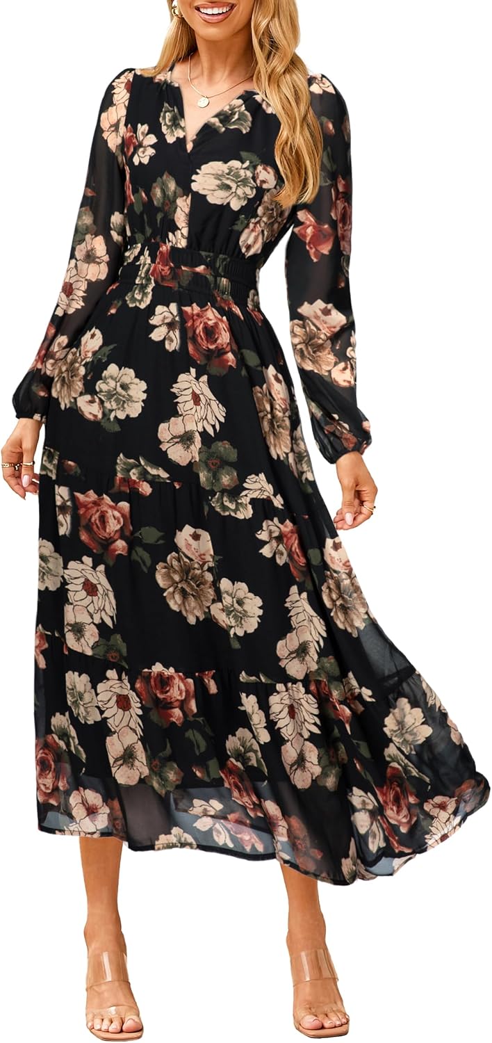 Floral V-Neck Long-Sleeve Flowy Maxi Dress in Black Orange Floral