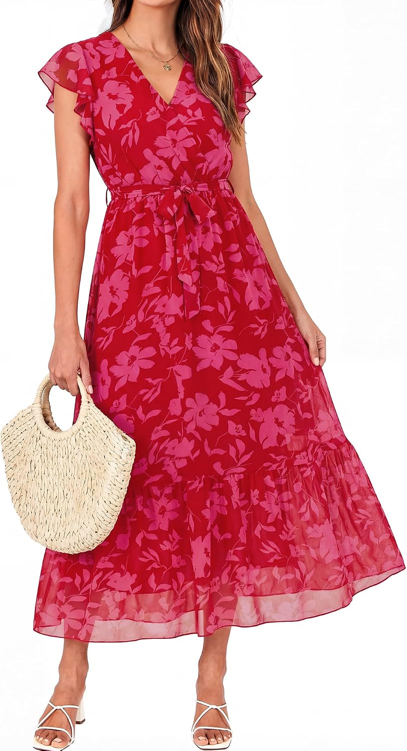 Swiss Dot Wrap V-Neck Belted Midi Dress in Red Big Floral
