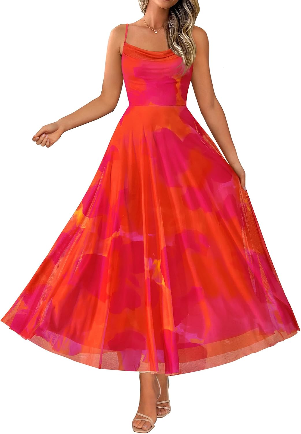 Floral Spaghetti Strap Maxi Dress in Orange Red Big Floral