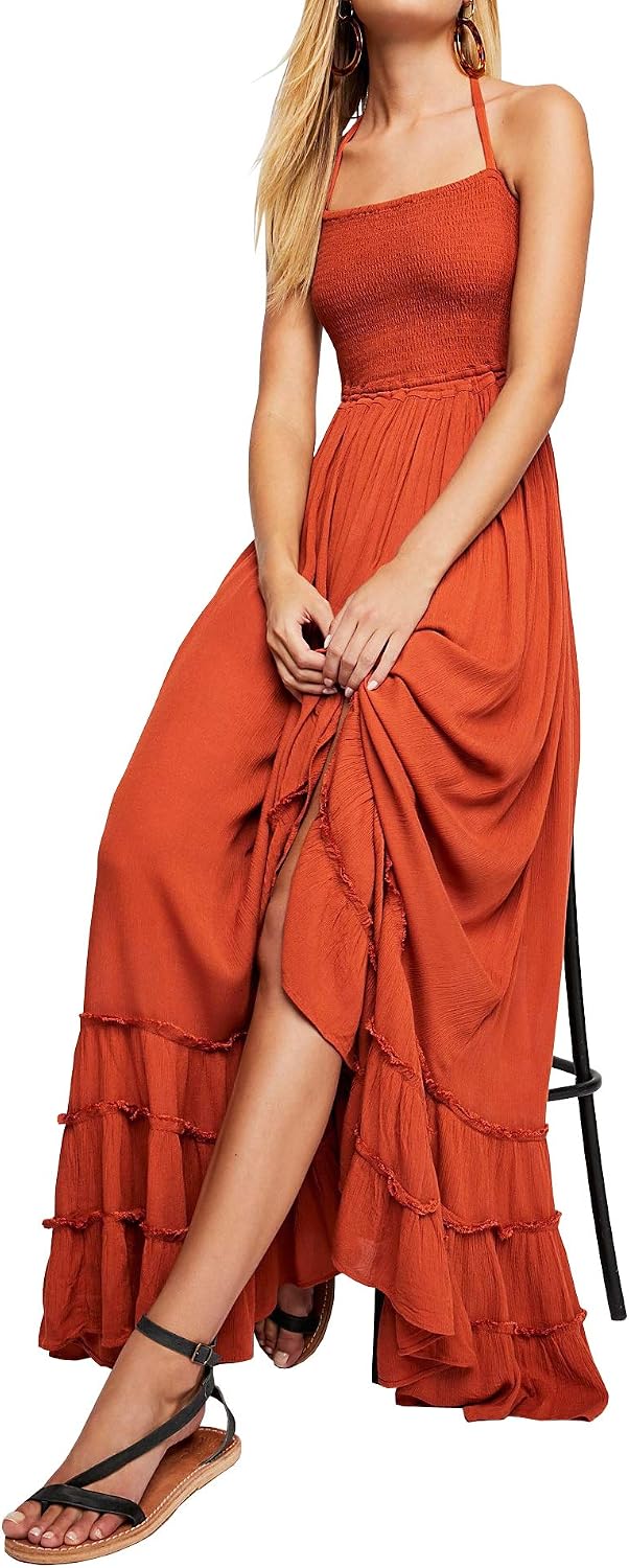 Smocked Ruffle Halter Backless Maxi Dress in Orange