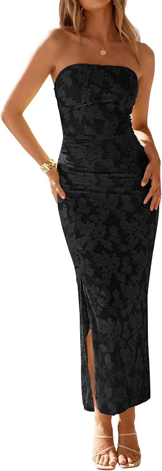 Floral Strapless Ruched Mesh Maxi Dress in Black