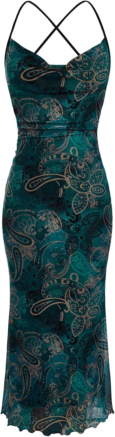 Floral Mesh Cowl-Neck Cami Maxi Dress in Multicolor Printed