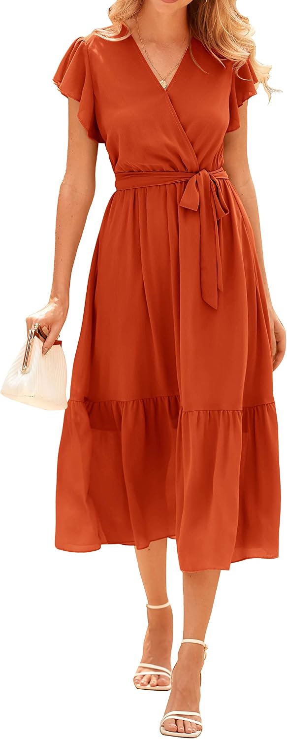 Swiss Dot Wrap V-Neck Belted Midi Dress in Solid Orange Red