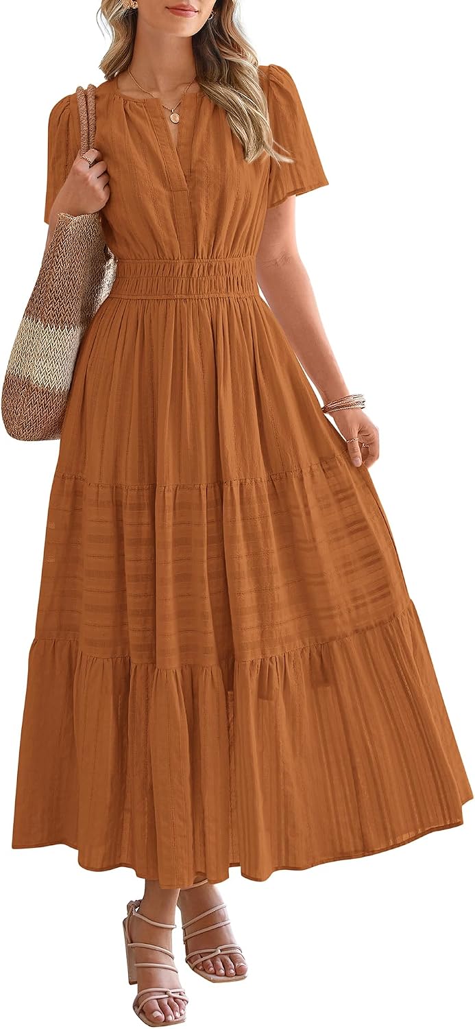 V-Neck Short-Sleeve Elastic-Waist Maxi Dress in Brown Orange