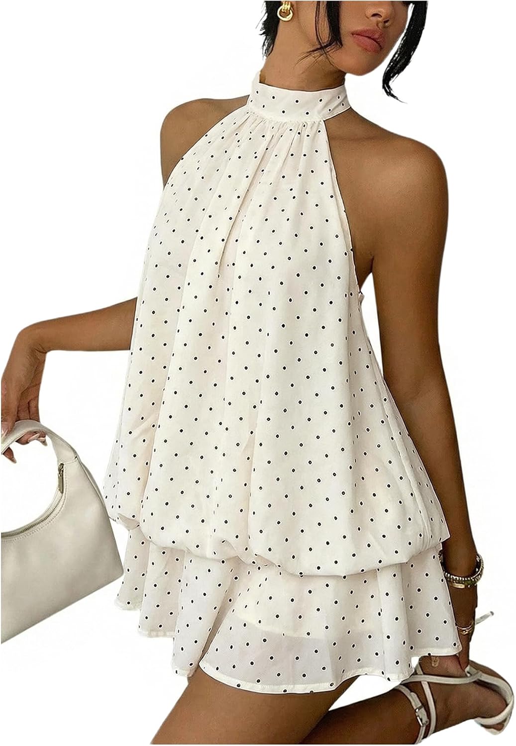 Chiffon Halter Drop-Waist Ruffle-Hem Mini Dress in Polka Apricot