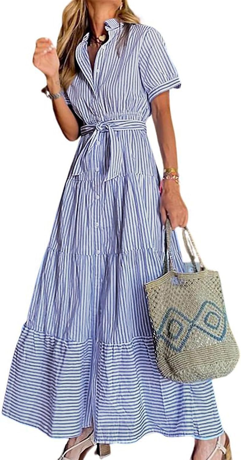 Striped Button-Down Ruffled Maxi Shirt Dress in Blue