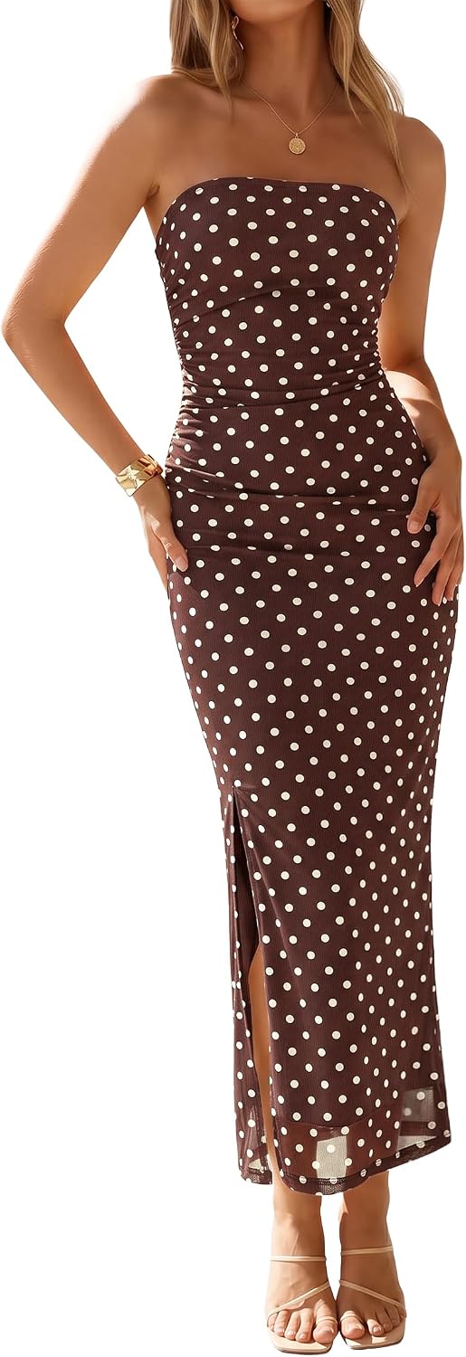 Floral Strapless Ruched Mesh Maxi Dress in Chocolate