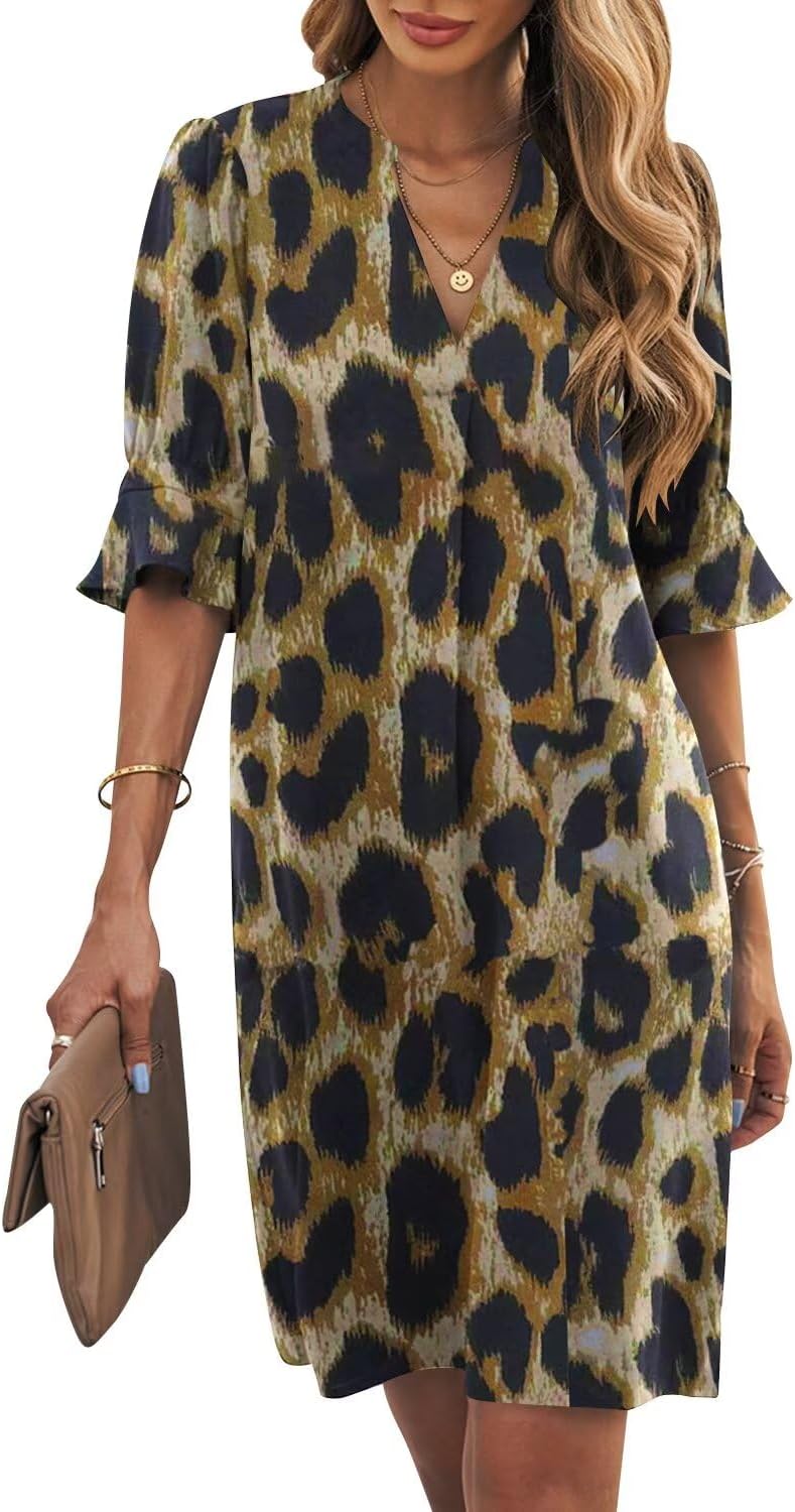 Ruffle-Sleeve V-Neck Swing Shift Mini Dress in Leopard