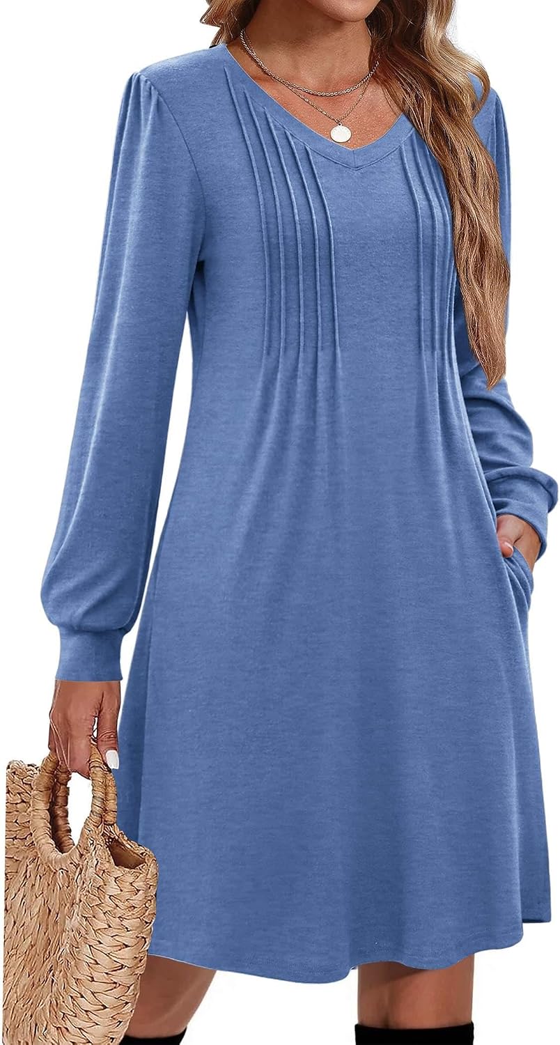 Pleated V-Neck Long-Sleeve A-Line Tunic Dress in Blue