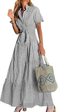 Striped Button-Down Ruffled Maxi Shirt Dress in Black