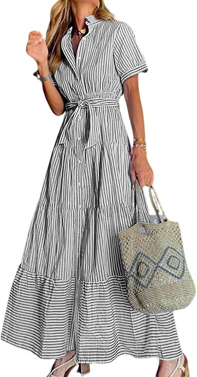Striped Button-Down Ruffled Maxi Shirt Dress in Black