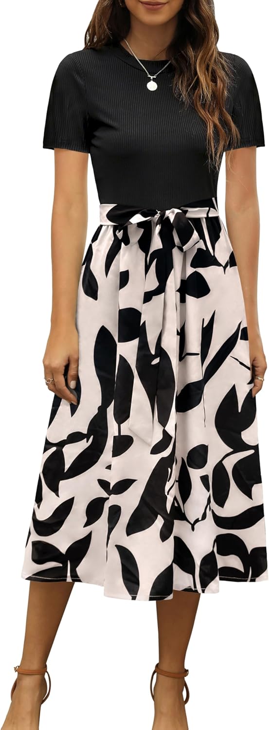 Ribbed Short-Sleeve Midi Dress in black and apricot