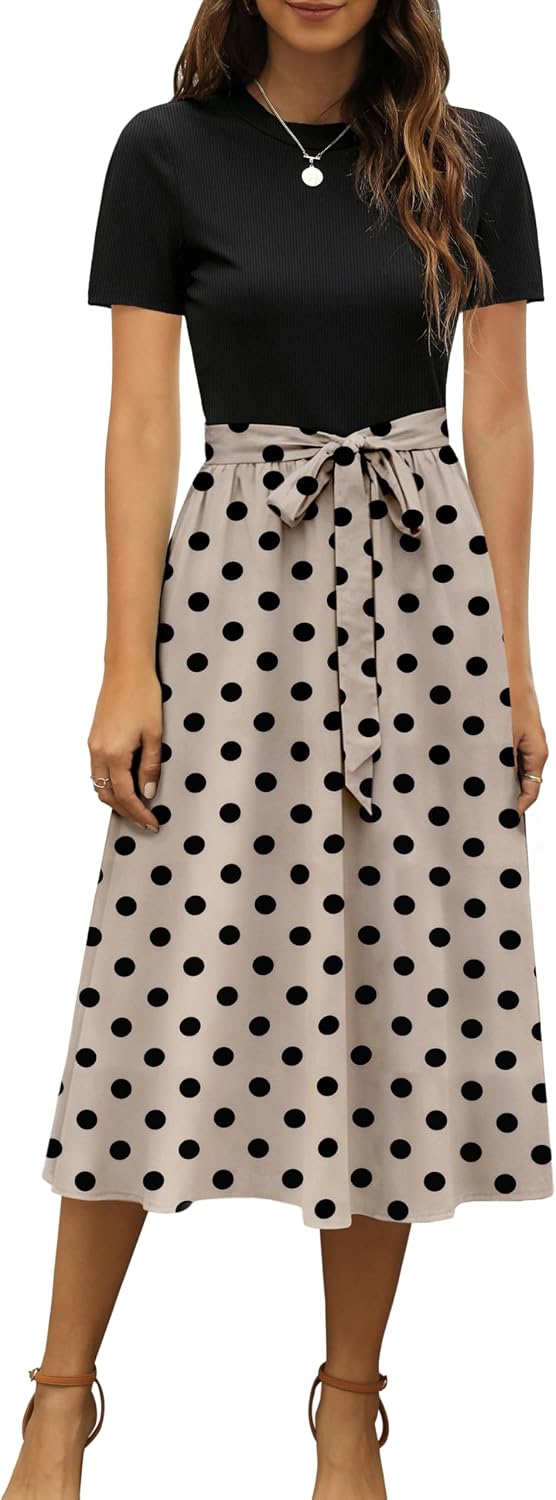 Ribbed Short-Sleeve Midi Dress in black with apricot dots