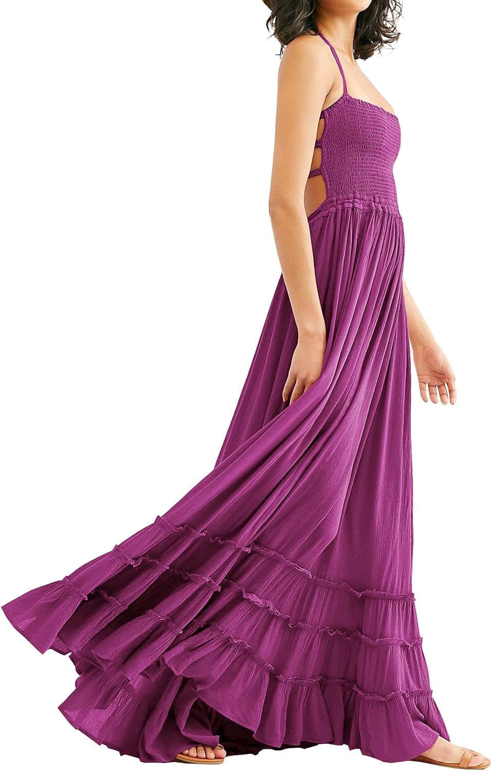 Smocked Ruffle Halter Backless Maxi Dress in Plum