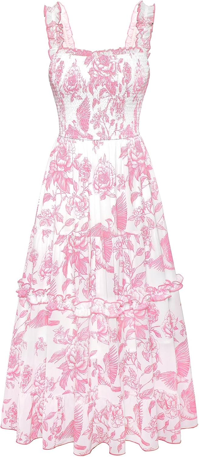 Floral Smocked Square-Neck Tiered Sundress in Pink Floral