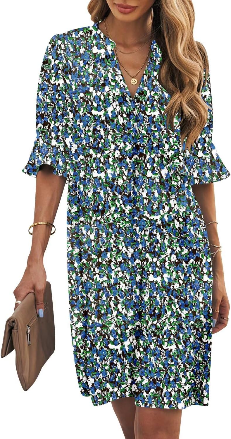 Ruffle-Sleeve V-Neck Swing Shift Mini Dress in Floral print