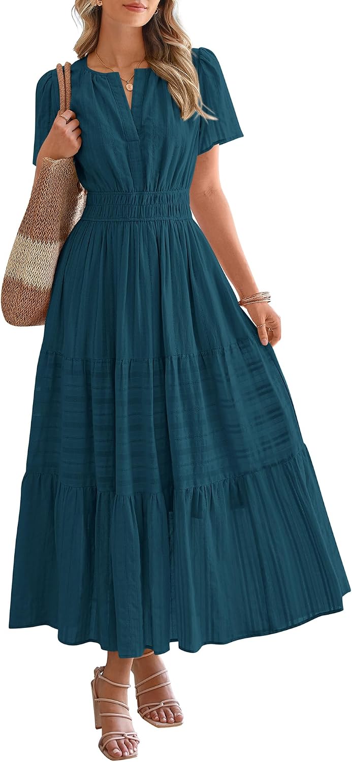 V-Neck Short-Sleeve Elastic-Waist Maxi Dress in Lake Blue