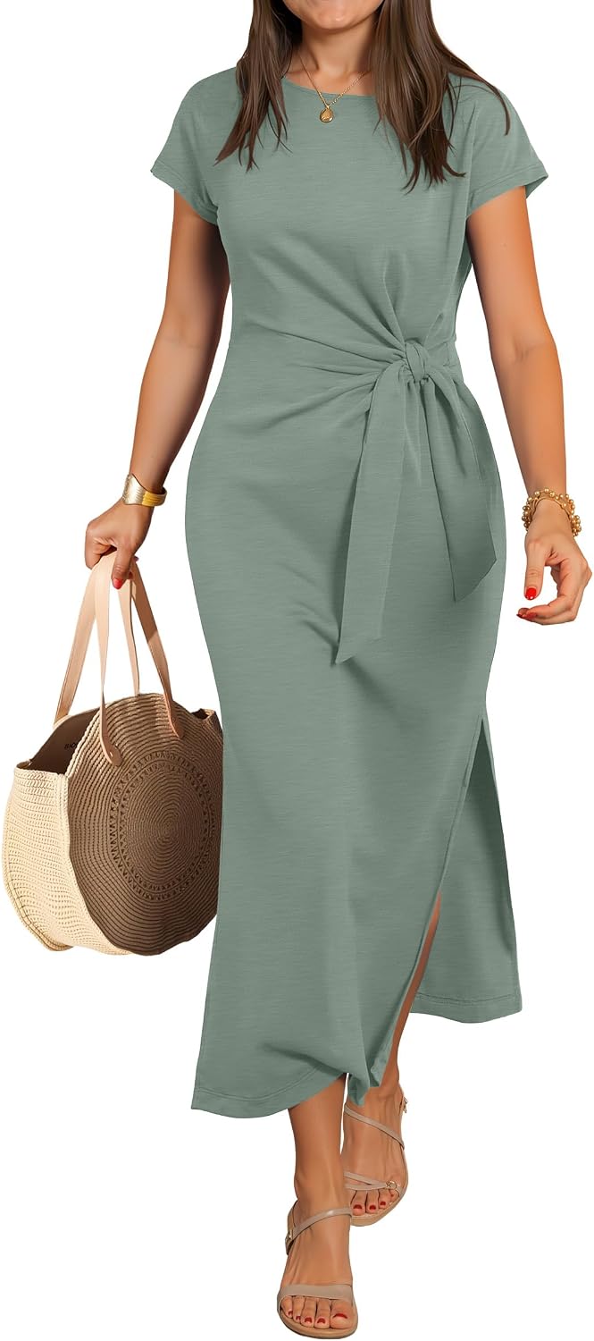 Crew-Neck Tie-Waist Maxi Dress with Side Split in Light Green