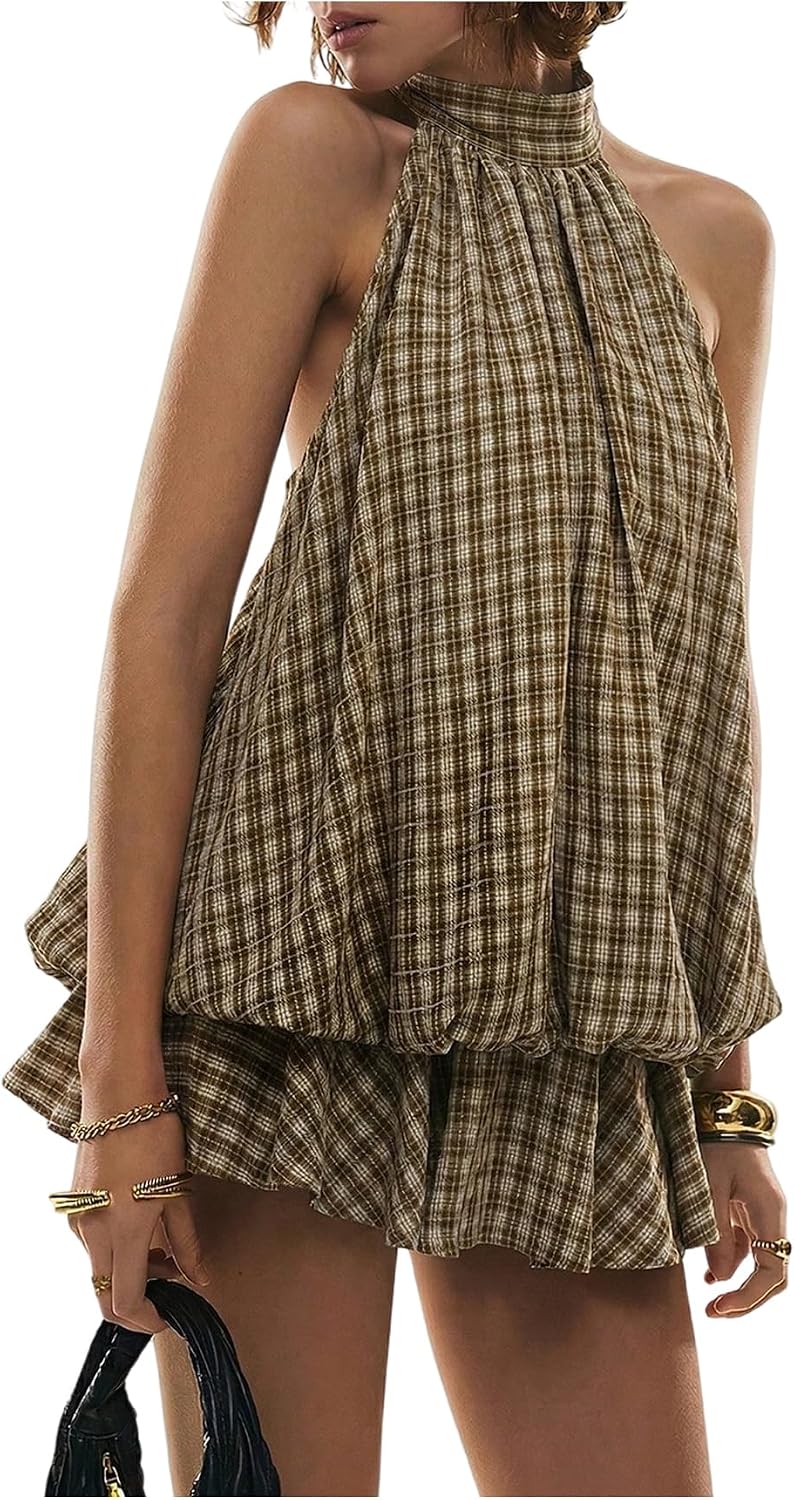 Plaid Halter Bubble-Hem Mini Dress in Brown Plaid