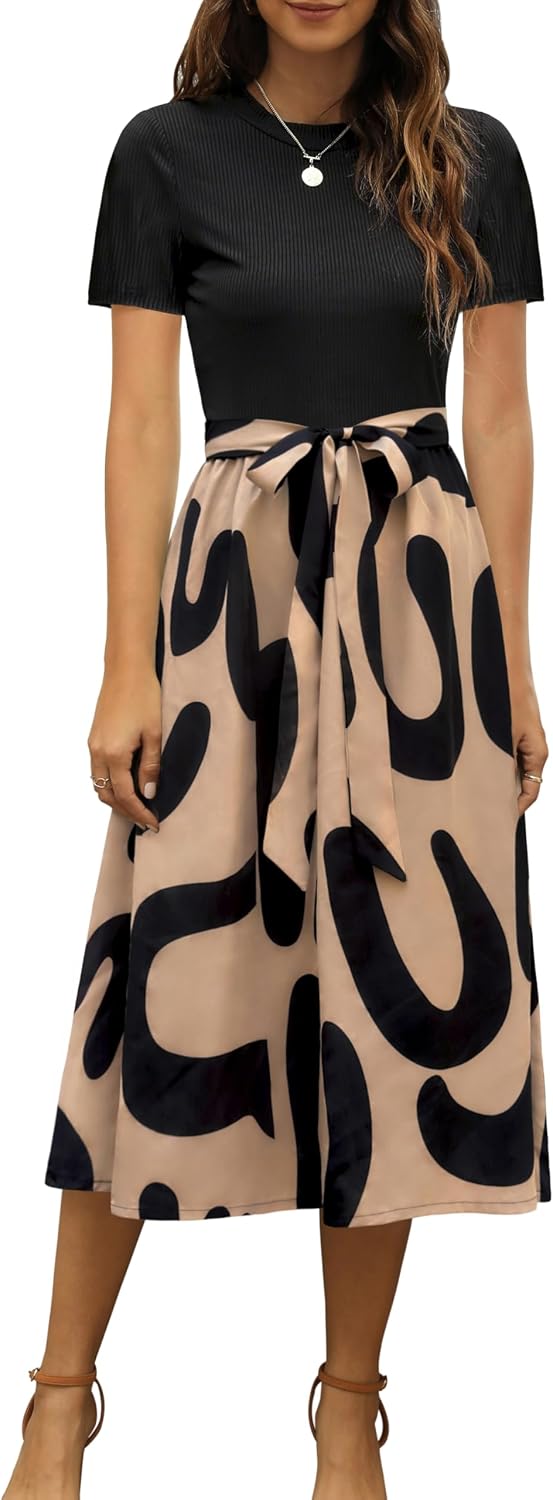 Ribbed Short-Sleeve Midi Dress in black, print CC