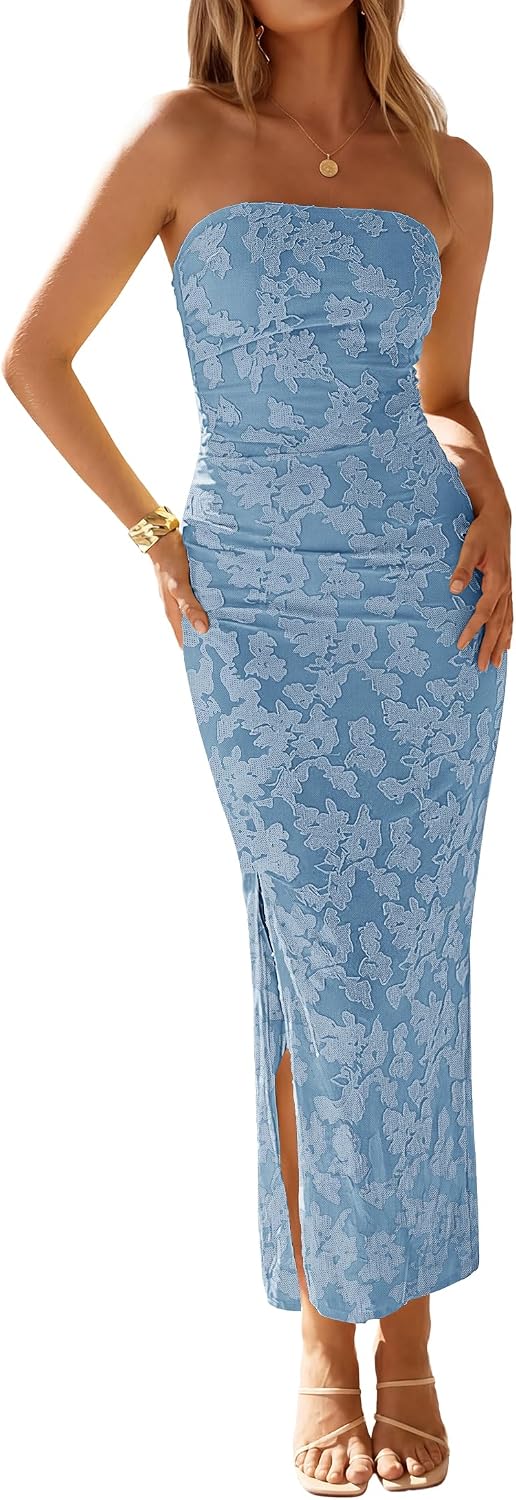 Floral Strapless Ruched Mesh Maxi Dress in Dusty Blue