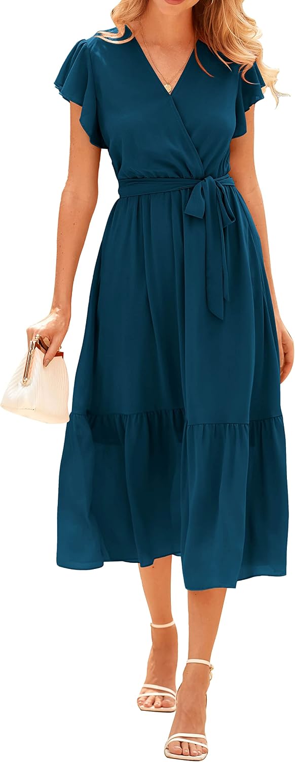 Swiss Dot Wrap V-Neck Belted Midi Dress in Solid Lake Blue