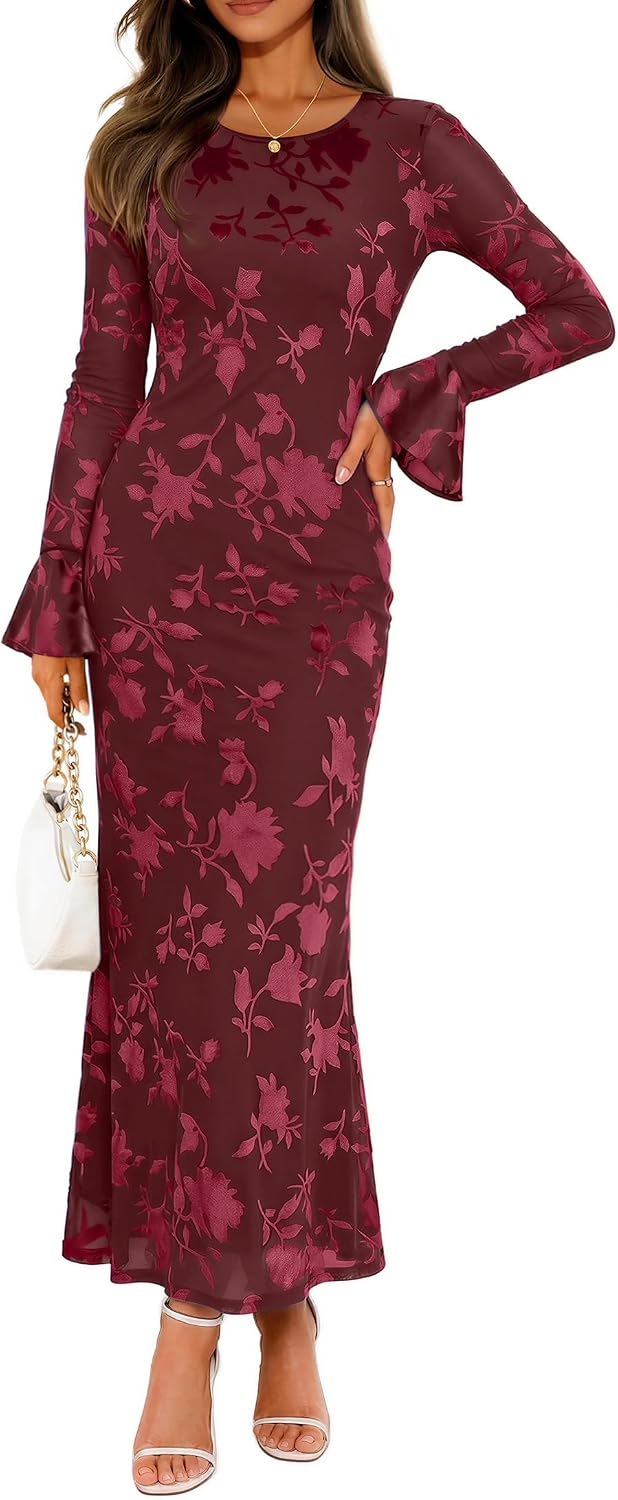 Floral Mesh Bell-Sleeve Bodycon Maxi Dress in Wine