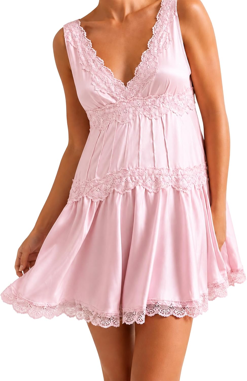 Lace V-Neck Ruffle-Hem Babydoll Slip Mini Dress in Soft Pink