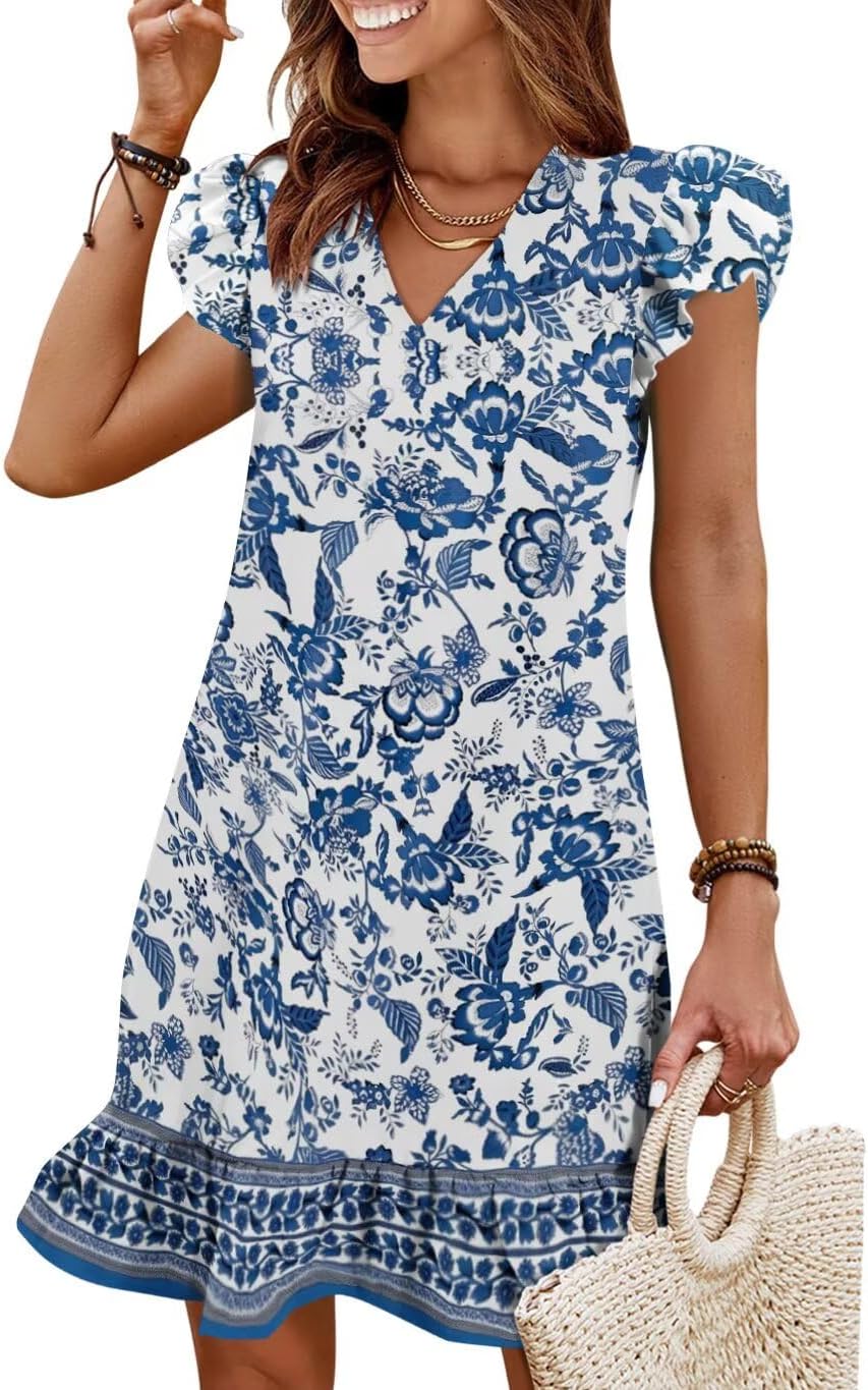 Flutter-Sleeve V-Neck Ruffle-Hem Mini Sundress in Boho Mandala print