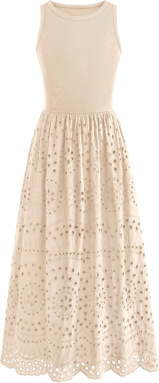 Lace Eyelet Sleeveless Tank Maxi Dress in Beige