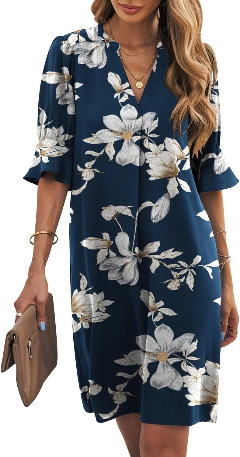 Ruffle-Sleeve V-Neck Swing Shift Mini Dress in Blue Flowers