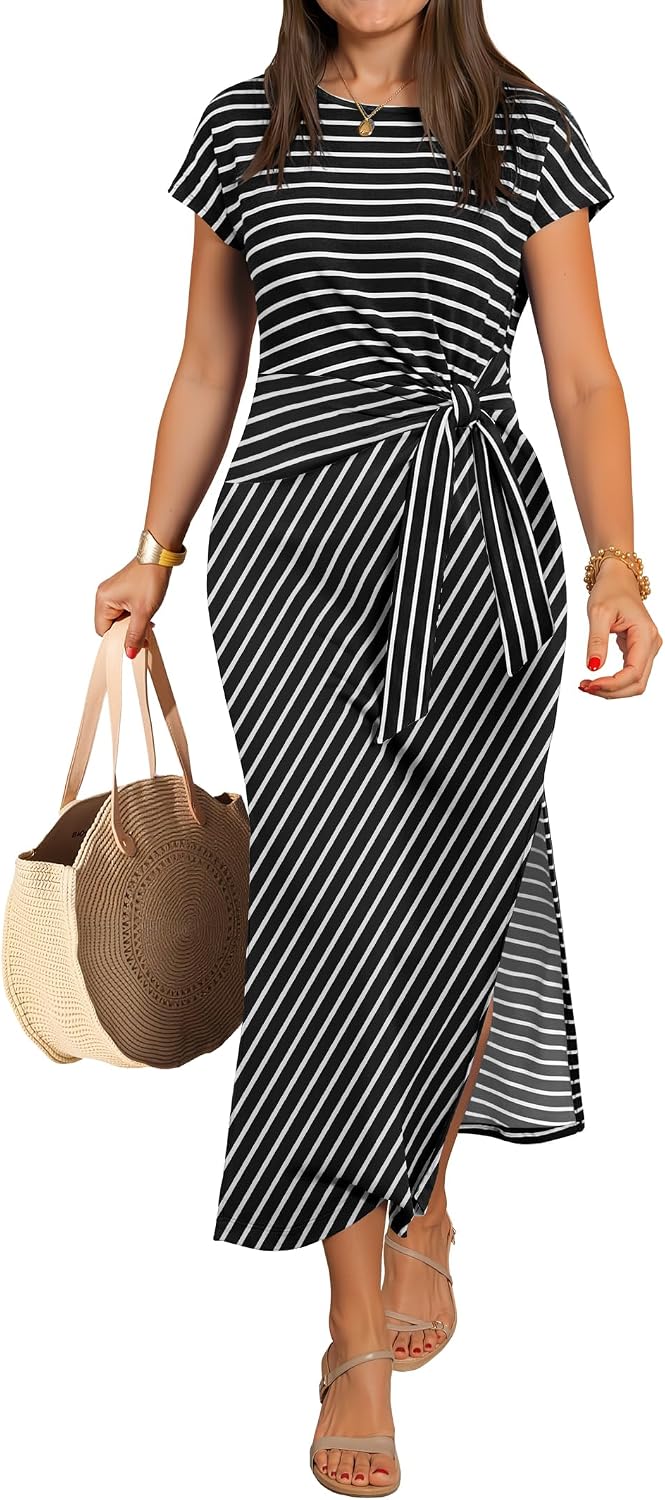 Crew-Neck Tie-Waist Maxi Dress with Side Split in Black White Stripe