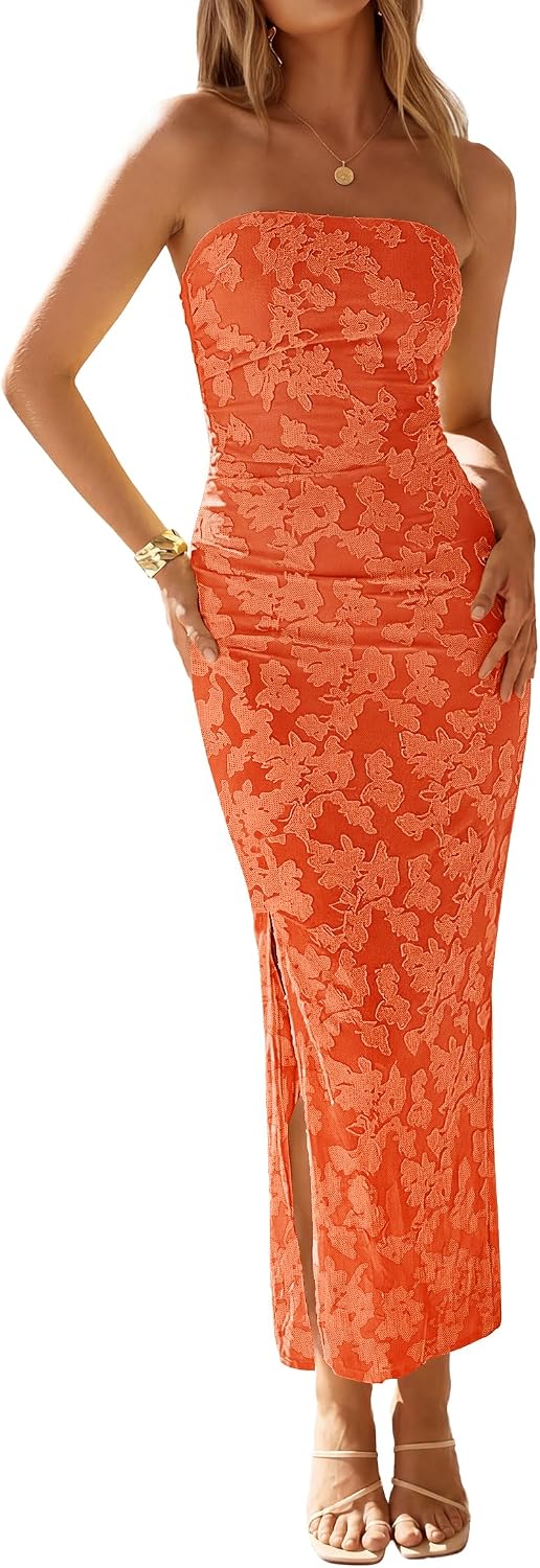 Floral Strapless Ruched Mesh Maxi Dress in Orange