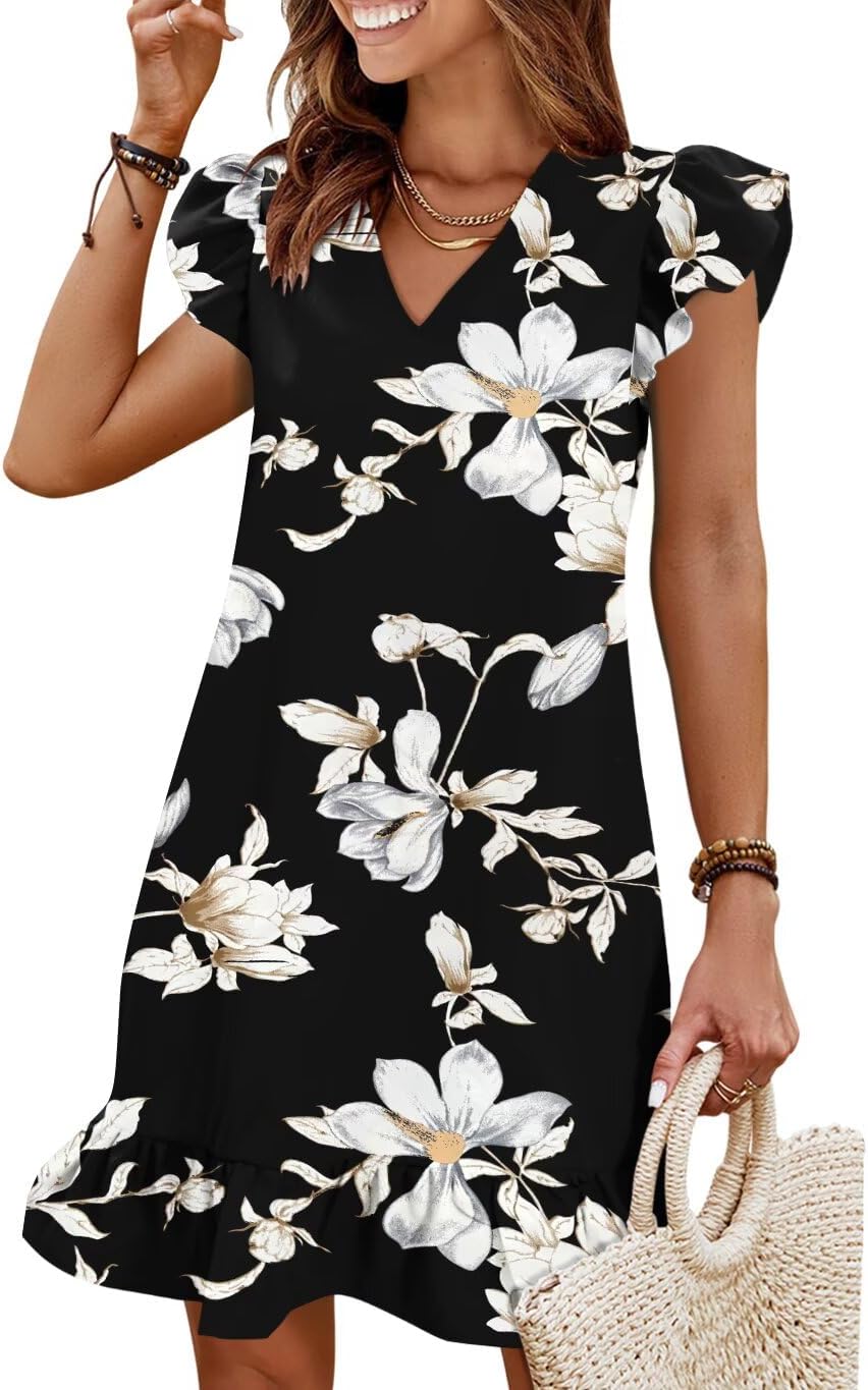 Flutter-Sleeve V-Neck Ruffle-Hem Mini Sundress in Black Flower print