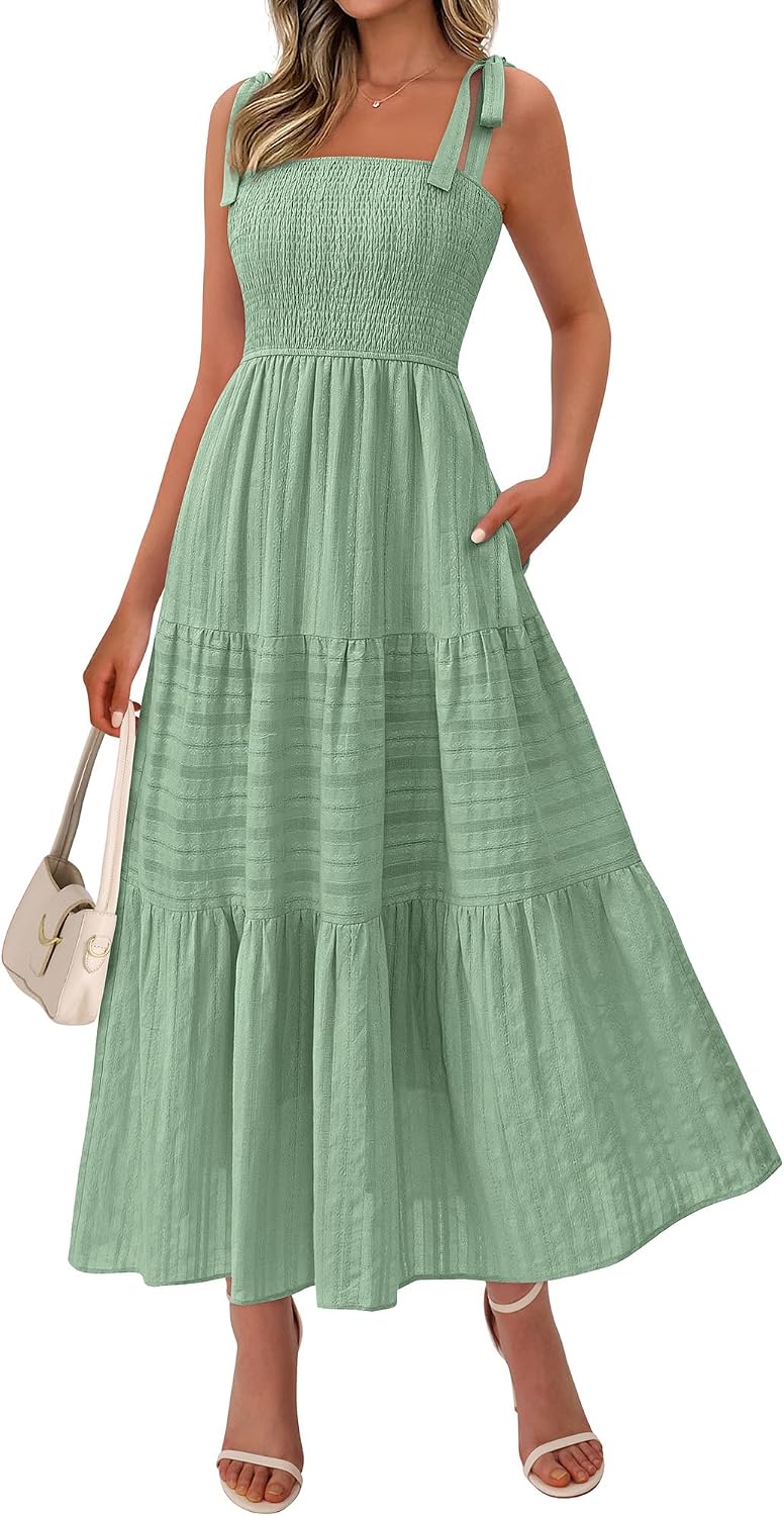 Tie-Strap Smocked Tiered Maxi Sundress in Sage Green