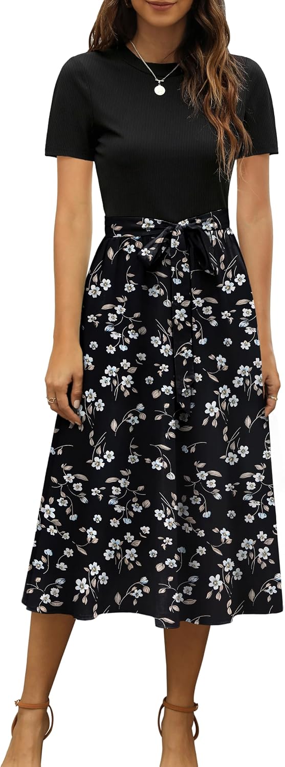 Ribbed Short-Sleeve Midi Dress in black, print AA