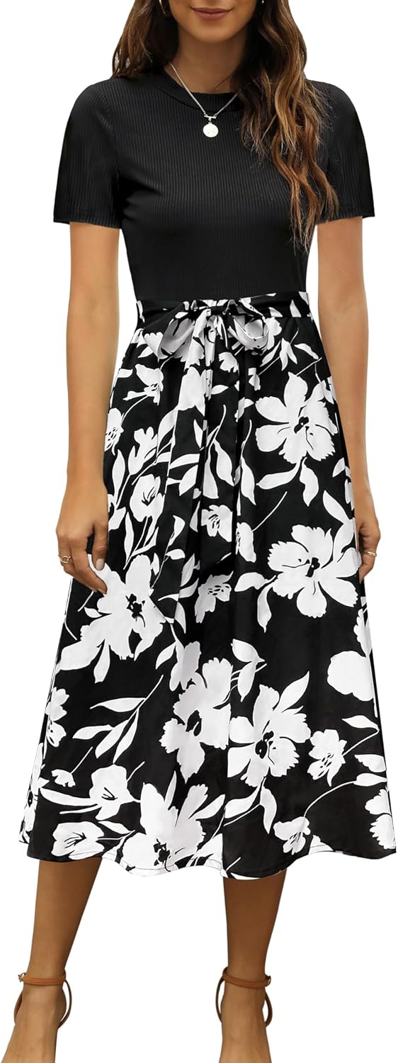 Ribbed Short-Sleeve Midi Dress in black and white