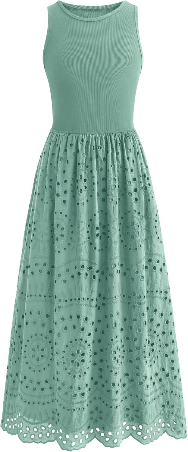 Lace Eyelet Sleeveless Tank Maxi Dress in Bean Green