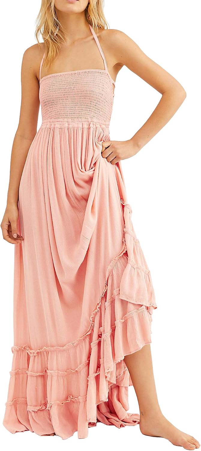 Smocked Ruffle Halter Backless Maxi Dress in Blush
