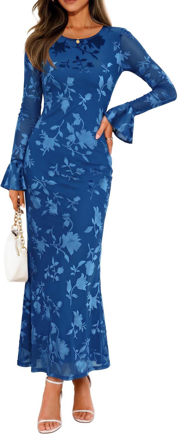 Floral Mesh Bell-Sleeve Bodycon Maxi Dress in Dark Blue