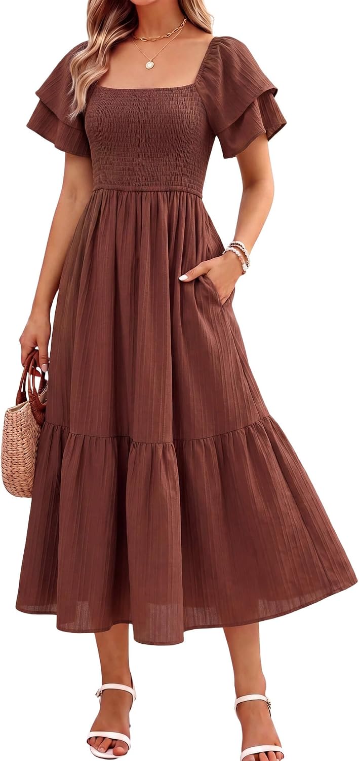 Off-Shoulder Ruffle Square-Neck Midi Dress in Coffee Brown