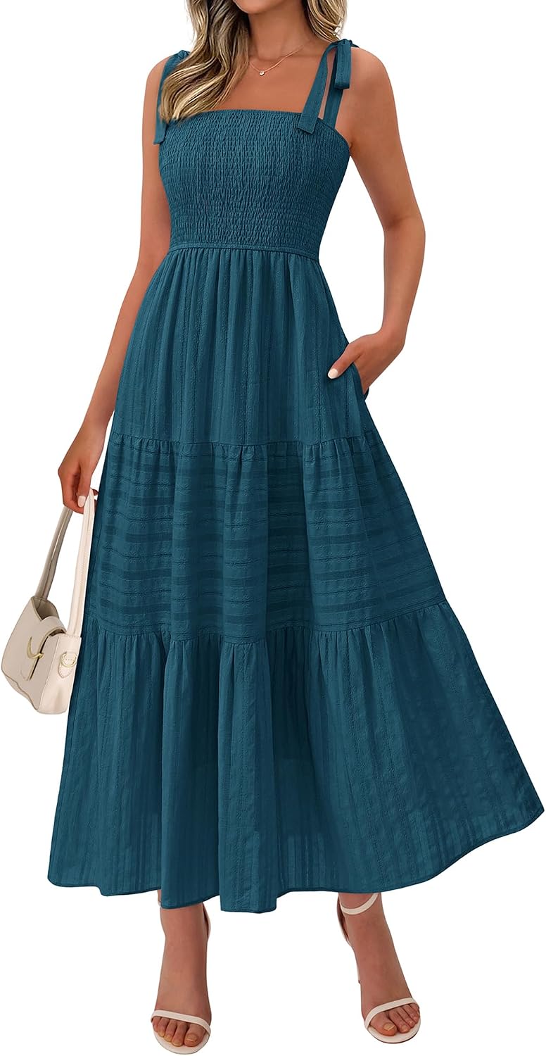Tie-Strap Smocked Tiered Maxi Sundress in Lake Blue