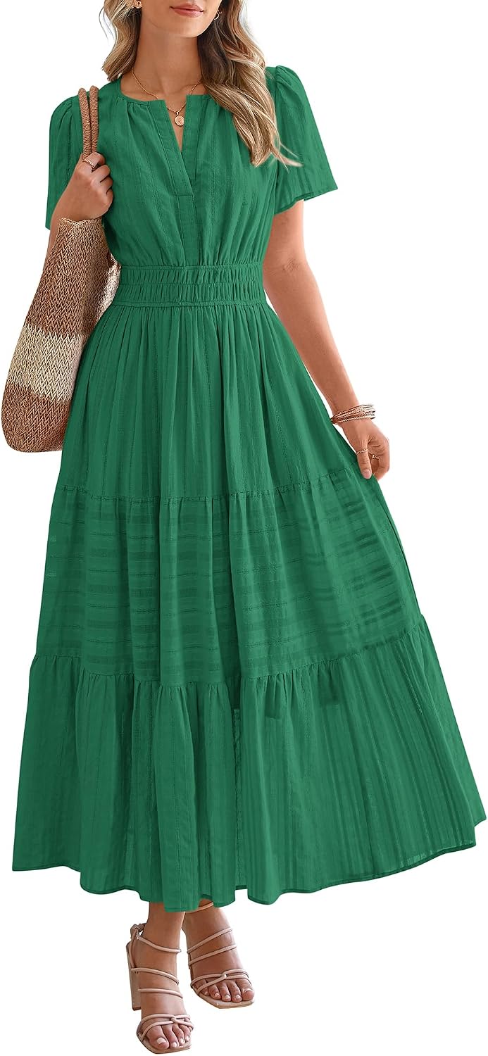 V-Neck Short-Sleeve Elastic-Waist Maxi Dress in Dark Green