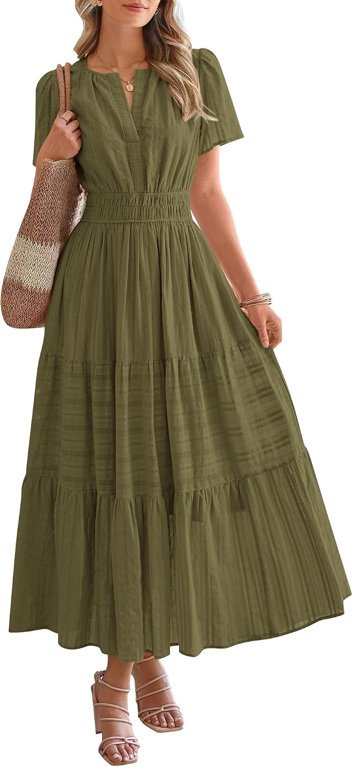 V-Neck Short-Sleeve Elastic-Waist Maxi Dress in Army Green