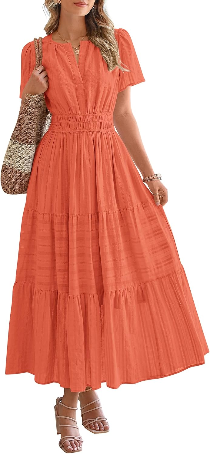 V-Neck Short-Sleeve Elastic-Waist Maxi Dress in Orange