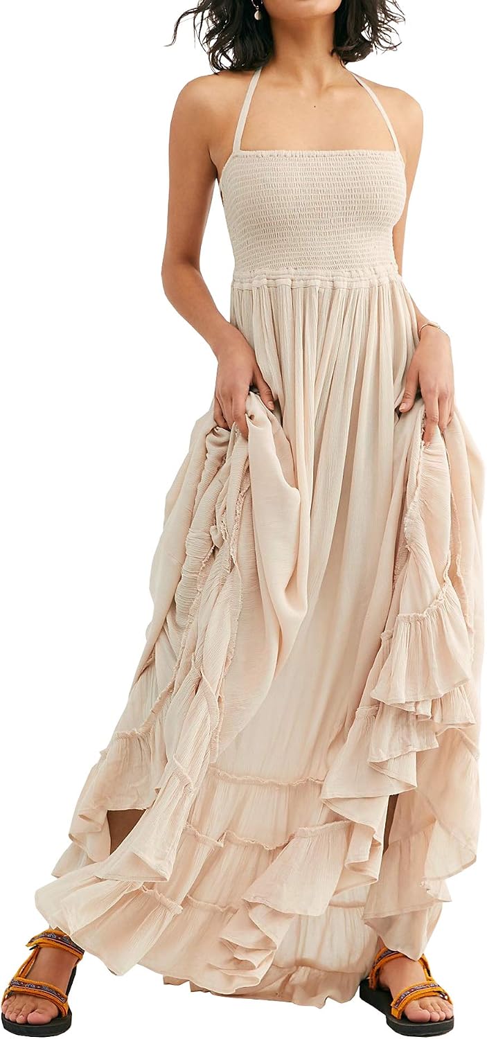 Smocked Ruffle Halter Backless Maxi Dress in Beige