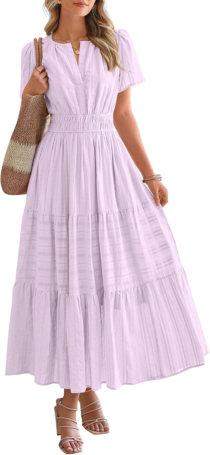V-Neck Short-Sleeve Elastic-Waist Maxi Dress in Light Pink Purple