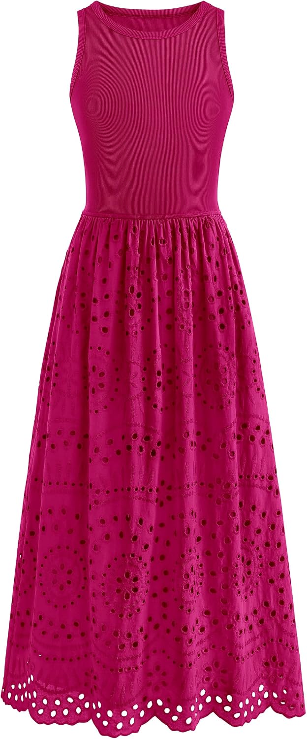Lace Eyelet Sleeveless Tank Maxi Dress in Rose Red