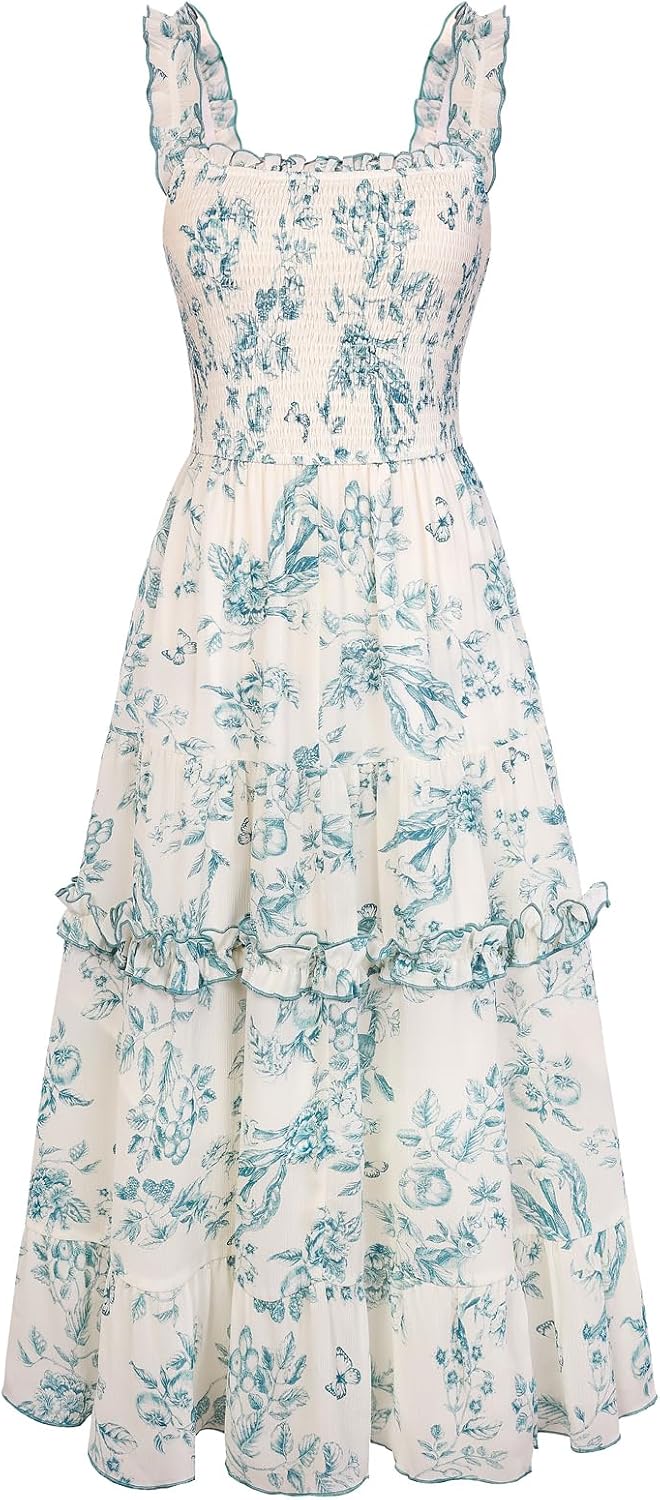 Floral Smocked Square-Neck Tiered Sundress in Blue Thread Floral