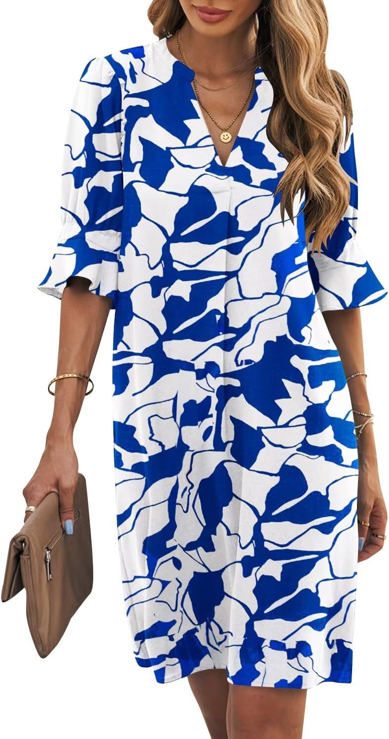 Ruffle-Sleeve V-Neck Swing Shift Mini Dress in Sky Blue White